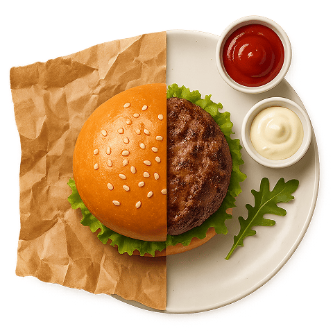 Yarısı kağıza bükülmüş burger, ketçup və mayonez sousları ilə birlikdə boşqabda verilir.