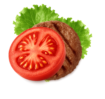 Tünd fonda mal əti kotleti, pomidor dilimi və kahı da daxil olmaqla təzə burger inqrediyentləri.