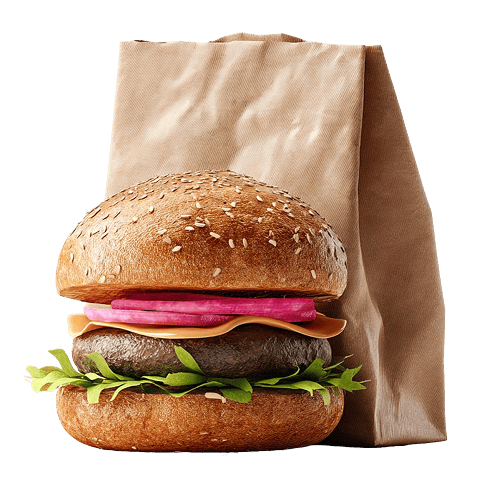 Təzə inqrediyentlər və küncütlü çörəklə dolu kağız götürmə torbasının qarşısında burger.