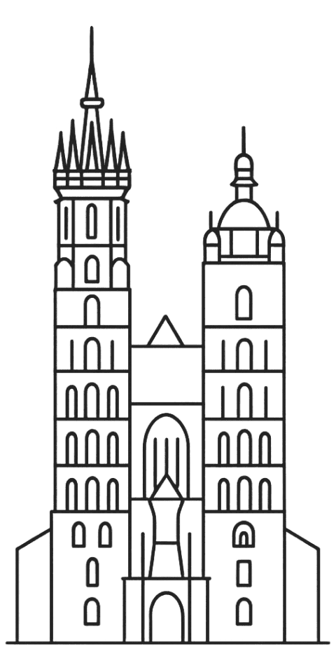 Qüllələr və memarlıq detalları ilə tarixi şəhər abidəsinin minimalist xətt sənəti illüstrasiyası.