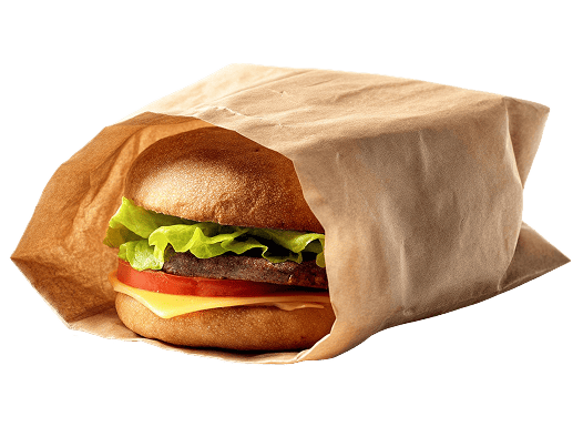 Kahı, pendir və pomidor görünən kağız sifarişlə çatdırılma qablaşdırmasına bükülmüş burger.